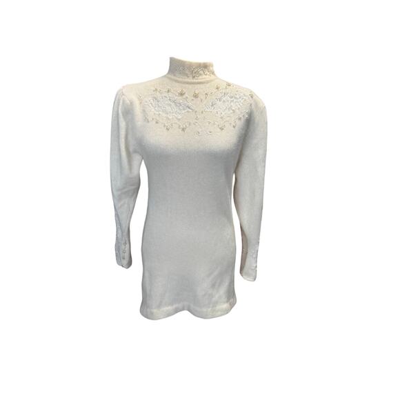 Vintage 80s Angora Pearl Lace Sweater Dress/Mini Tunic/Puff Sleeve Ivory Medium - Picture 2 of 7
